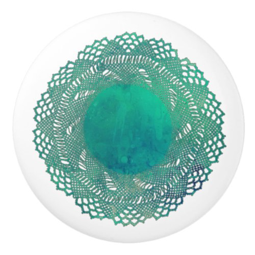 Modern Victorian Teal Crochet Lace Doily Ceramic Knob