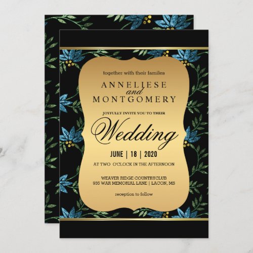 Modern Victorian Teal Glitter Floral Wedding Invitation