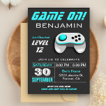 Modern Video Game Aqua Kids Birthday Party Invitation<br><div class="desc">This modern kids birthday party invite features a cool aqua and white video game controller and modern typography. Simply add your event details on this easy-to-use template to make it a one-of-a-kind invitation. Flip the card over to reveal an aqua and gray stripes pattern on the back of the card....</div>