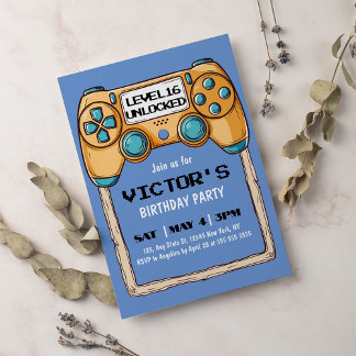 Modern Video Game Aqua Kids Birthday Party Invitation