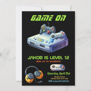 Modern Video Game Green Kids Birthday Party Invitation