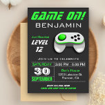 Modern Video Game Green Kids Birthday Party Invitation<br><div class="desc">This modern kids birthday party invite features a neon green and white video game controller and modern typography. Simply add your event details on this easy-to-use template to make it a one-of-a-kind invitation. Flip the card over to reveal green and gray stripes pattern on the back of the card.</div>