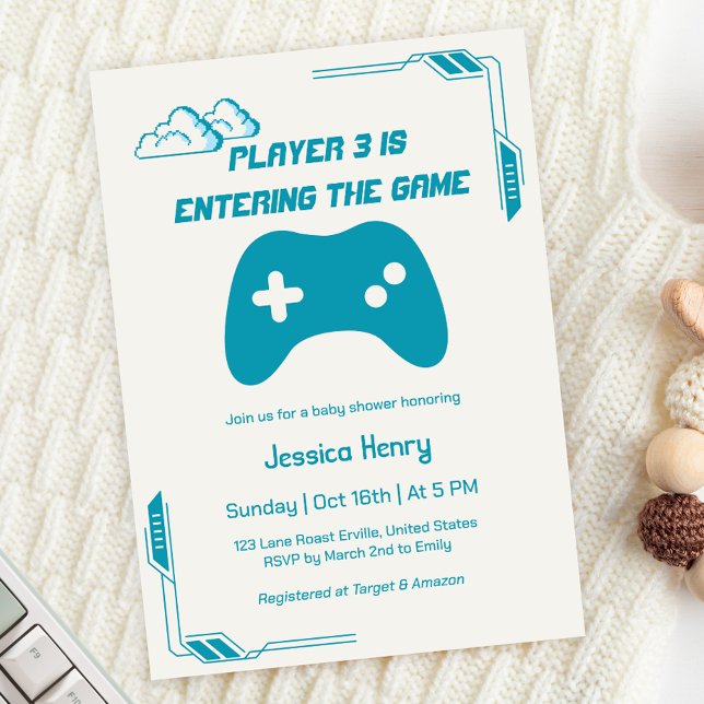 Modern Video Game Player 3 Gaming Baby Shower Invitation (Creator Uploaded)