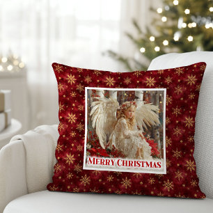 Modern Vintage Angel Red Gold Accent Christmas Throw Pillow