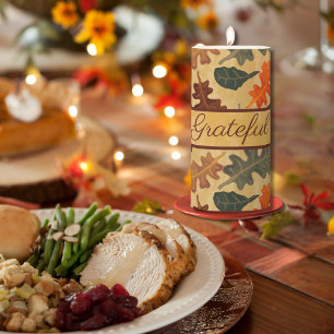 Modern Vintage Autumn Oak Tree Leaves Grateful Pillar Candle