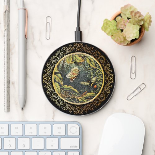 Modern Vintage Bee  Butterfly In Spiders Web Wireless Charger