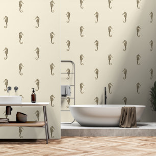 Modern Vintage Beige Gold Seahorse on Cream Wallpaper