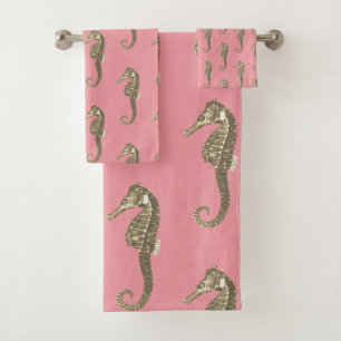 Modern Vintage Beige Seahorse on Pink Bath Towel Set