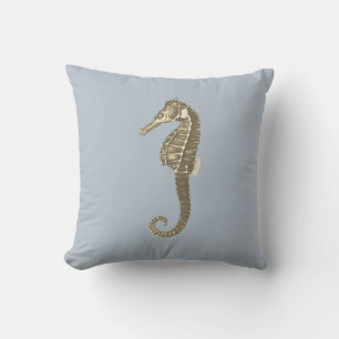 Modern Vintage Beige Seahorse on Soft Blue Throw Pillow