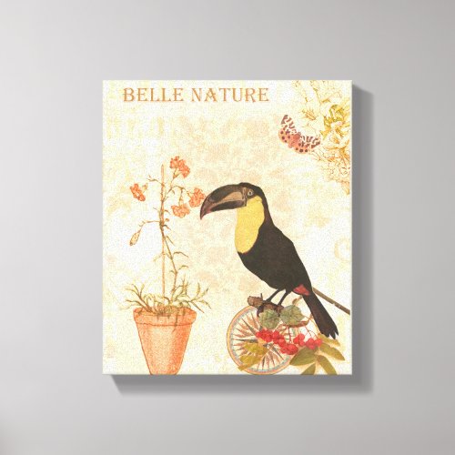 Modern Vintage Bird Pink Flower Butterfly Canvas Print