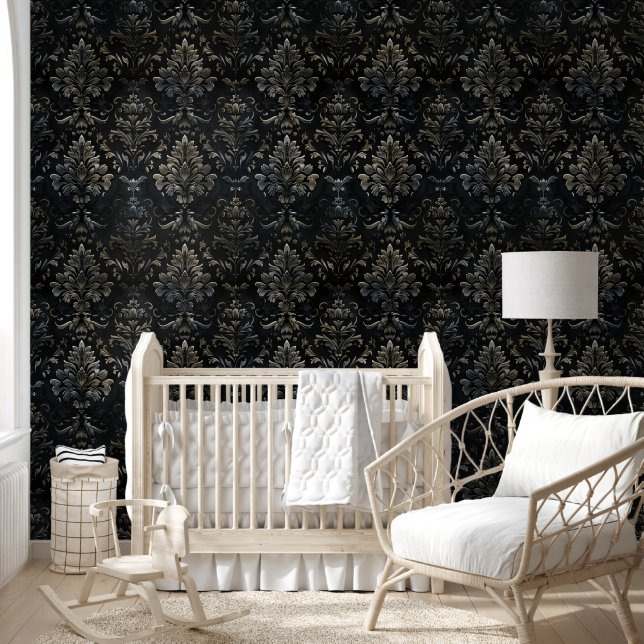 Modern Vintage Black and White Damask Gothic Wallpaper (Kids)