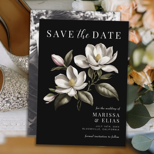 Modern Vintage Black and White Magnolia Wedding Save The Date