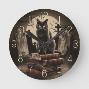 Modern Vintage black Cat Halloween Round Clock
