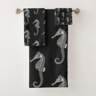 Modern Vintage Black Gray Seahorse Bath Towel Set