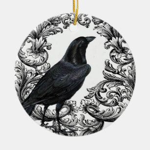 modern vintage black halloween crow ceramic ornament