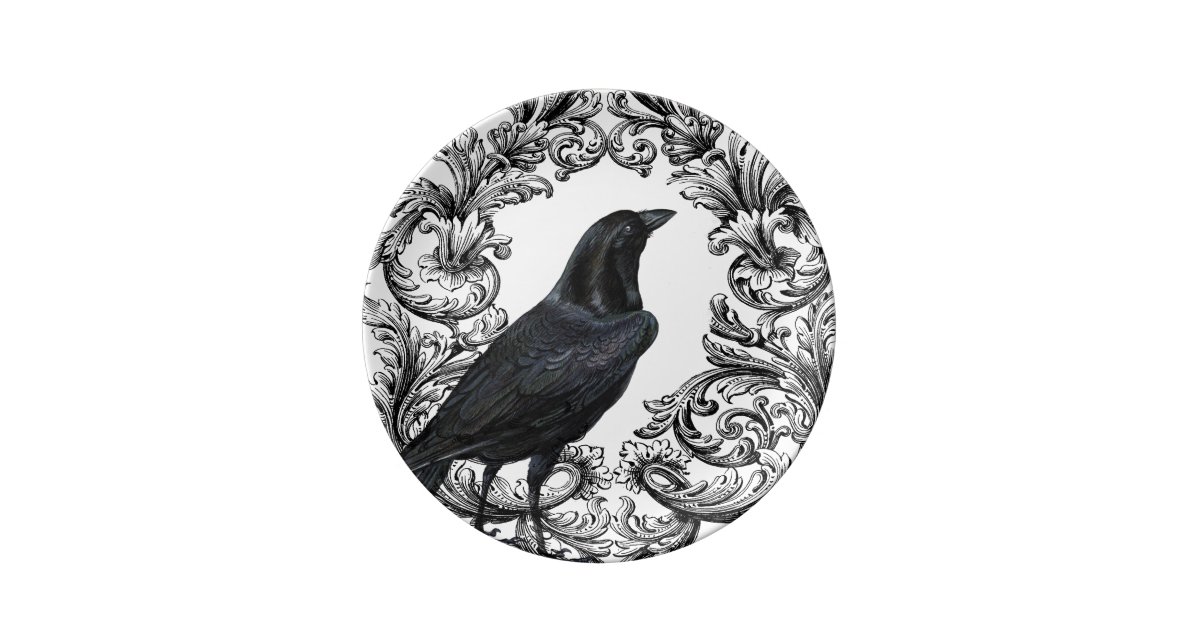 modern vintage black halloween crow plate | Zazzle