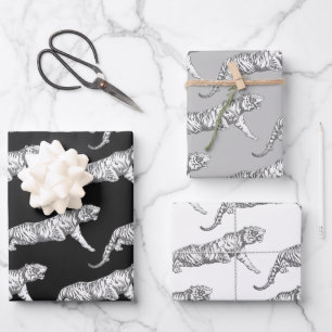 Modern Vintage Black White Gray Tiger Black Wrapping Paper Sheets