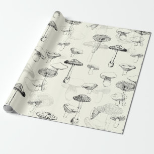 Modern Vintage Black White Mushrooms Wrapping Paper