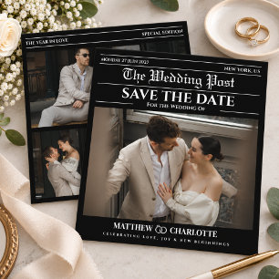 Modern Vintage Black White Newspaper Wedding Save The Date