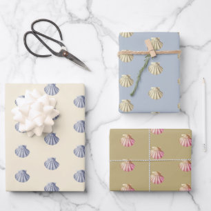 Modern Vintage Blue Beige Pink Shells Wrapping Paper Sheets