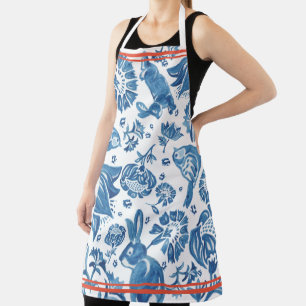 Modern Vintage Blue Rabbit Bird Floral Folk Art Apron