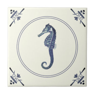 Modern Vintage Blue Sea Horse on Ivory Ceramic Tile