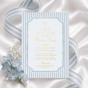 Modern Vintage Blue Stripe Baby Boy Baptism Foil Invitation