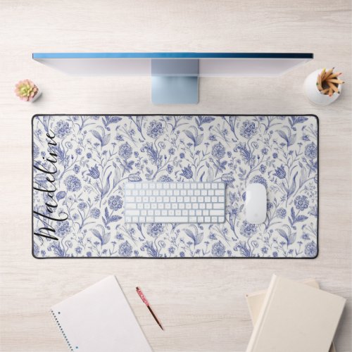 Modern Vintage Blue  White Wildflower Custom Name Desk Mat