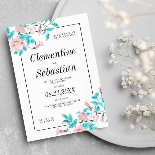 Modern vintage blush pink aqua floral wedding invitation