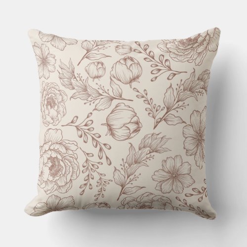 Modern Vintage Botanical Floral Line Art Pattern Throw Pillow