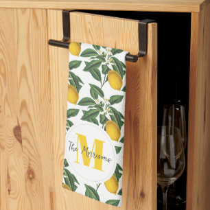 Modern Vintage Botanical Lemons Family Name Kitchen Towel