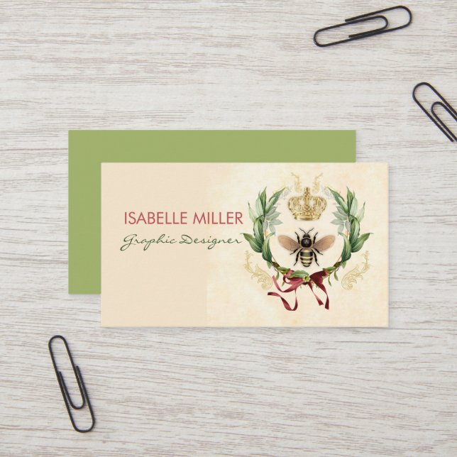 Modern Vintage Botanical Queen Bee                 Business Card (Front/Back In Situ)