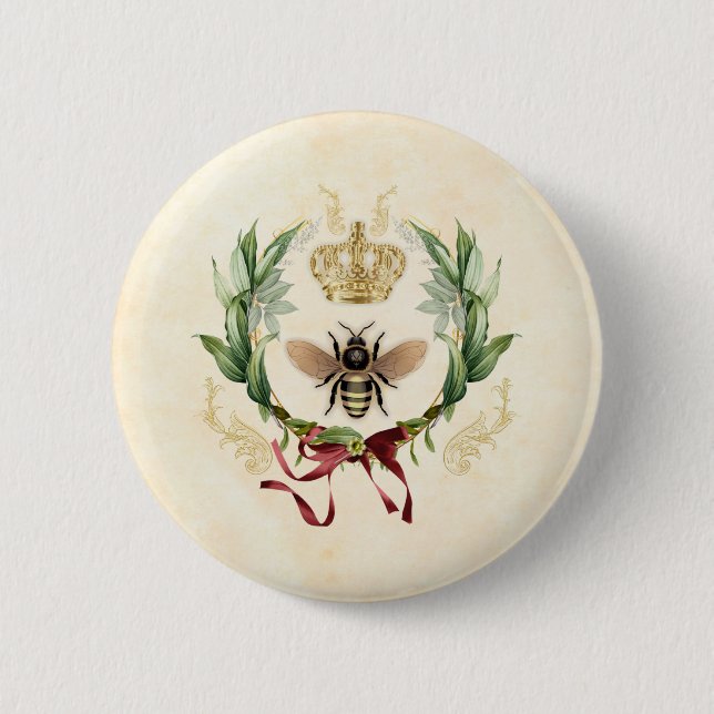 Modern Vintage Botanical Queen Bee Button (Front)