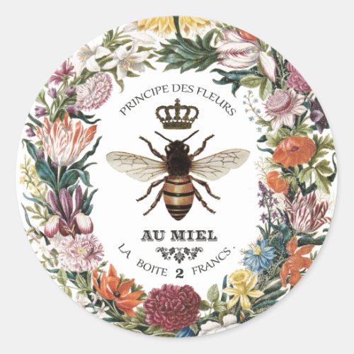 MODERN VINTAGE BOTANICAL QUEEN BEE CLASSIC ROUND STICKER