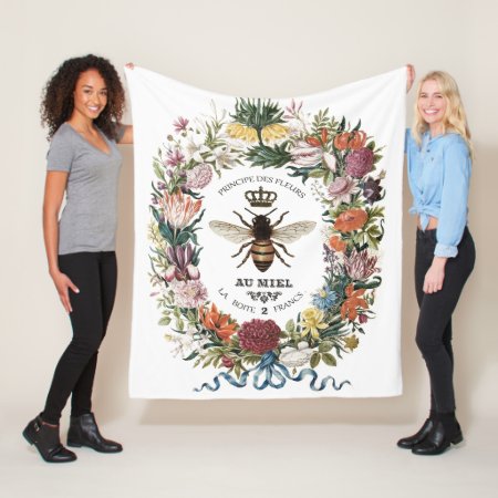 Modern Vintage Botanical Queen Bee Fleece Blanket