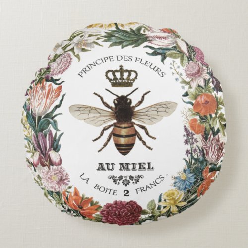 MODERN VINTAGE BOTANICAL QUEEN BEE ROUND PILLOW