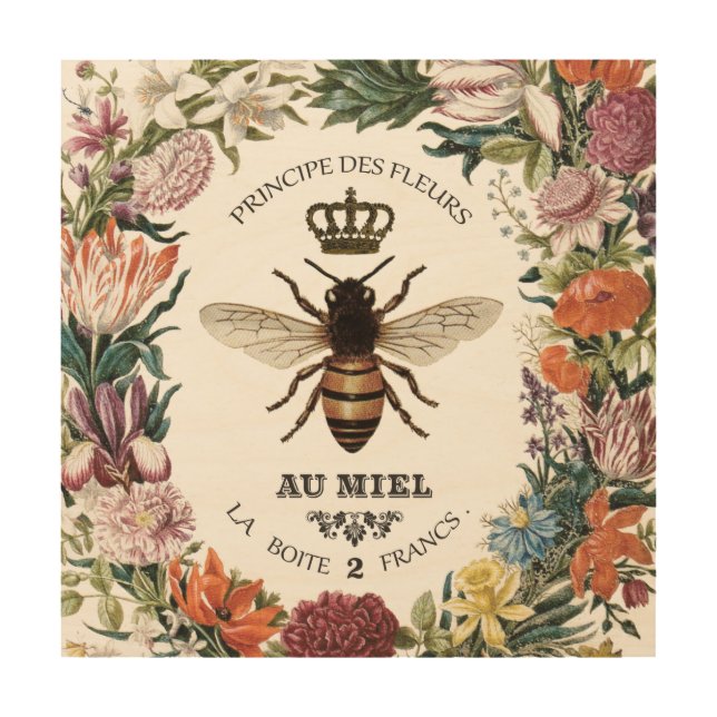 MODERN VINTAGE BOTANICAL QUEEN BEE WOOD WALL ART (Front)