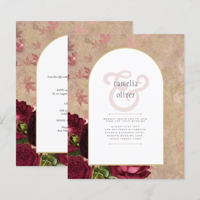 Modern Vintage Botanical Red Roses Wedding Invite (Front/Back)