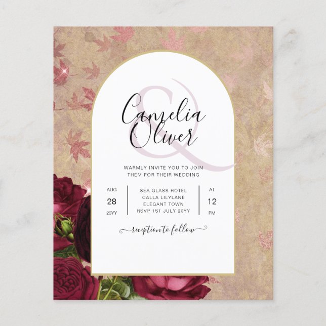 Modern Vintage Botanical Red Roses Wedding Invite Flyer (Front)