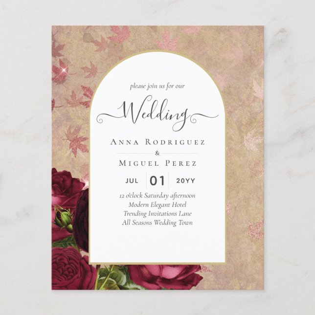 Modern Vintage Botanical Red Roses Wedding Invite Flyer (Front)