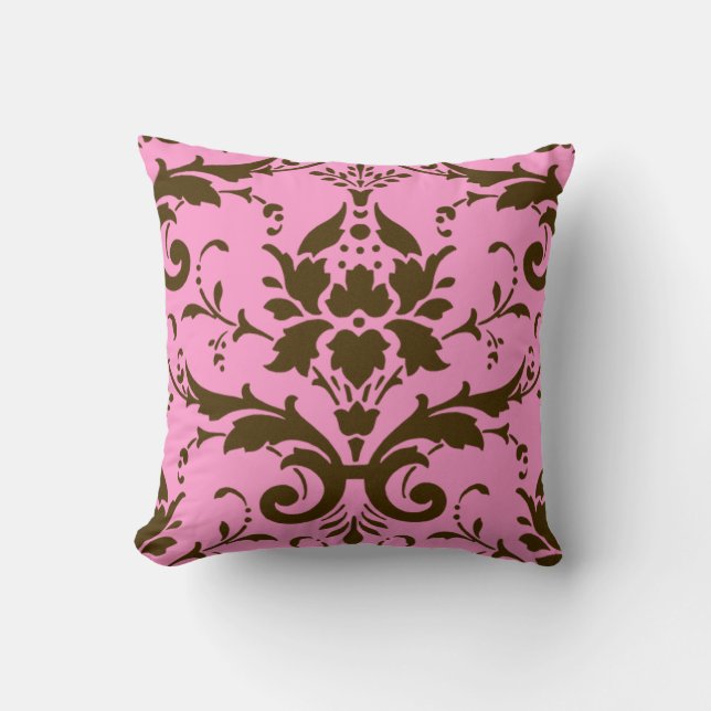 Modern Vintage Brown Damask on Pink Throw Pillow (Front)