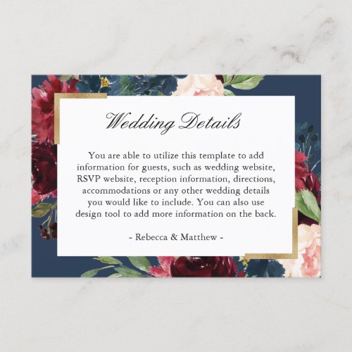 Modern Vintage Burgundy Blue Floral Wedding Detail Enclosure Card