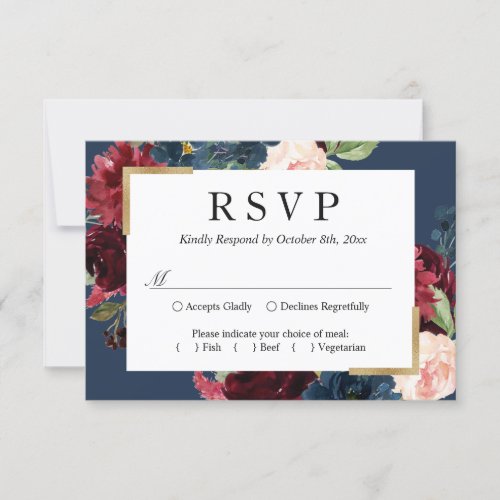 Modern Vintage Burgundy Blue Floral Wedding RSVP