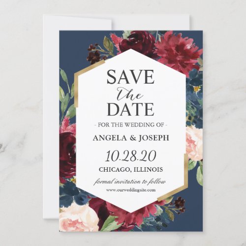 Modern Vintage Burgundy Blush Blue Floral Wedding Save The Date