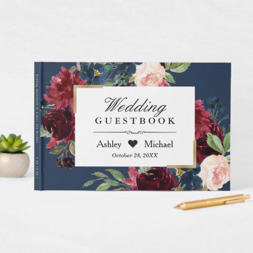 Modern Vintage Burgundy Floral Navy Blue Wedding Guest Book