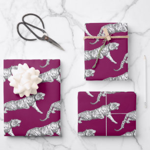 Modern Vintage Burgundy Gray Tiger Wrapping Paper Sheets