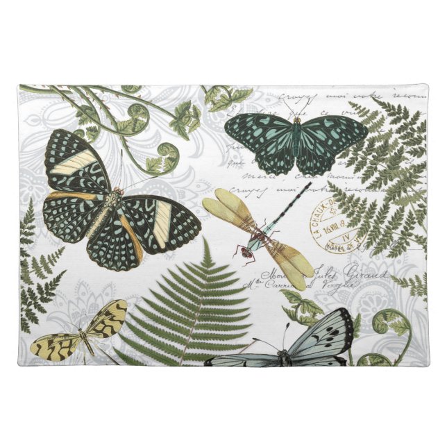 modern vintage butterflies and dragonflies cloth placemat (Front)