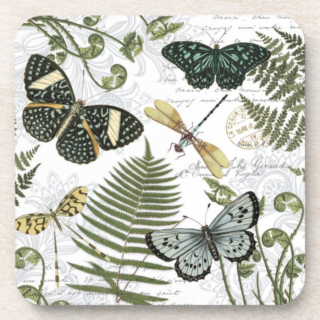 modern vintage butterflies and dragonflies drink coaster (Front)