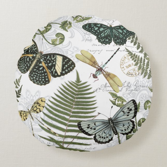 modern vintage butterflies and dragonflies round pillow (Front)