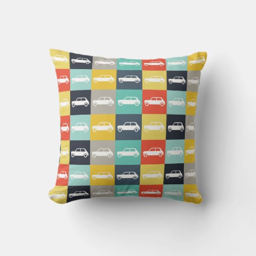 Modern Vintage Checkerboard Mini Cooper Throw Pillow